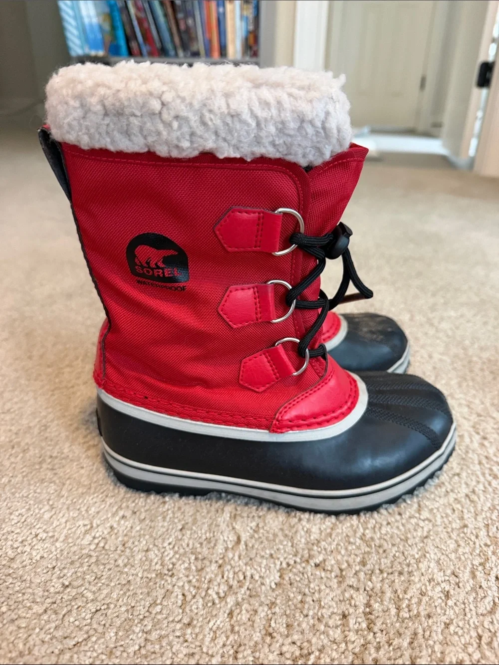 Sorel Kids Red and Black Winter Snow Boots with Faux Fur Cuff